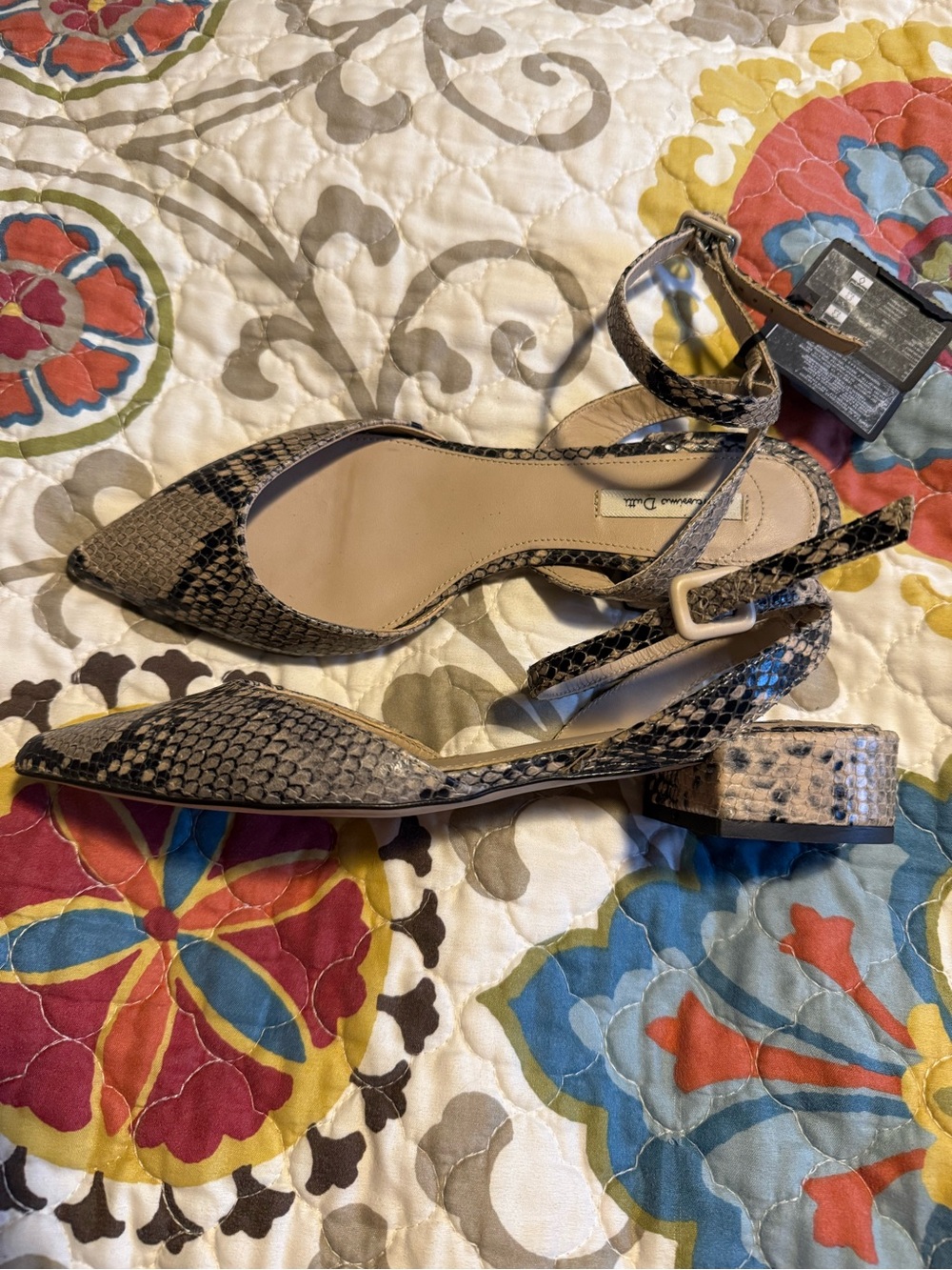 Massimo Dutti Snakeskin Print Pointed Toe Ankle Strap Flats in Brown and Black